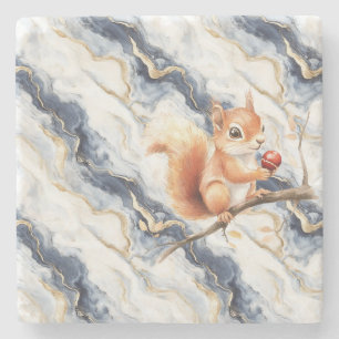 Blue White Gold Abstract Squirrel Apple Stone Coaster