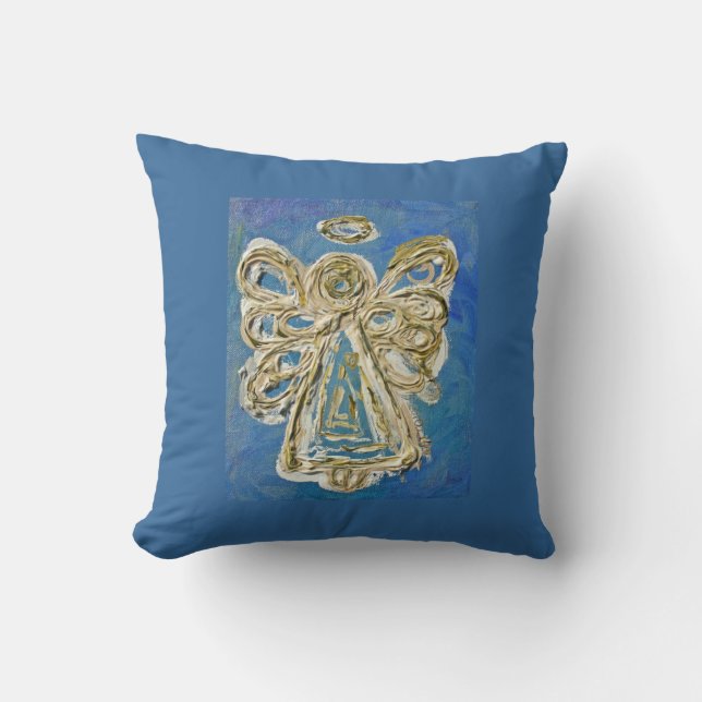 Blue, White, Gold Angel Decorative Throw Pillow (Front)