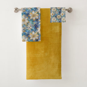 Blue White Gold Christmas Poinsettias Bath Towel Set