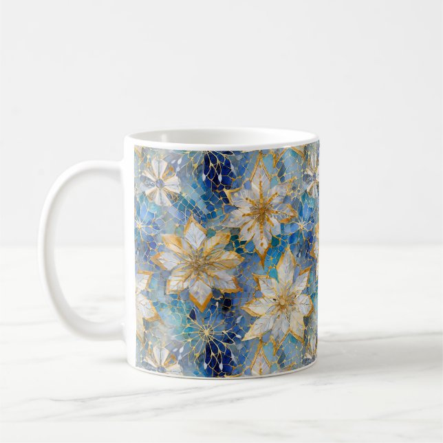 Blue White Gold Christmas Poinsettias Coffee Mug (Left)