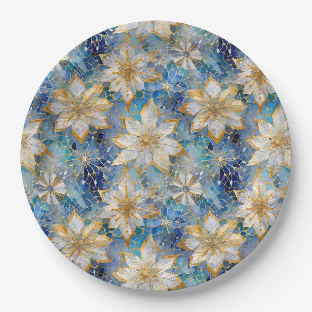 Blue White Gold Christmas Poinsettias Paper Plate (Front)