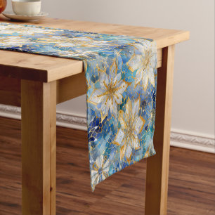 Blue White Gold Christmas Poinsettias Short Table Runner