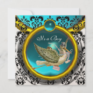BLUE WHITE GOLD DAMASK STORK BABY SHOWER MONOGRAM INVITATION