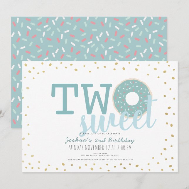 Blue White Gold Doughnut Two Sweet Boy 2nd Birthda Invitation (Front/Back)