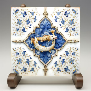 Blue White Gold Fishes Mediaeval Scrollwork Ceramic Tile