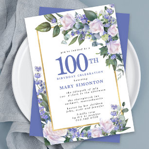 Blue White Gold Floral 100th Birthday Invitation