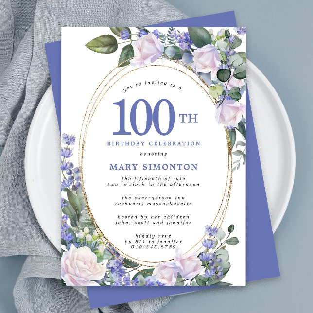 Blue White Gold Floral 100th Birthday Invitation (Creator Uploaded)