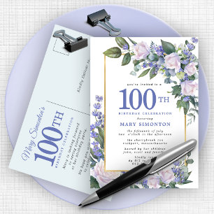 Blue White Gold Floral 100th Birthday Party Invitation Postcard