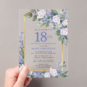 Blue White Gold Floral 18TH Birthday Acrylic Invitations