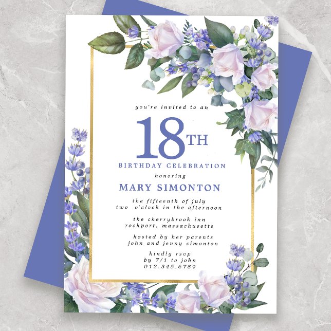 Blue White Gold Floral 18th Birthday Invitation (Creator Uploaded)
