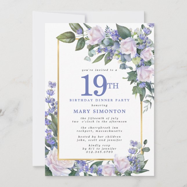 Blue White Gold Floral 19th Birthday Dinner Invitation (Front)
