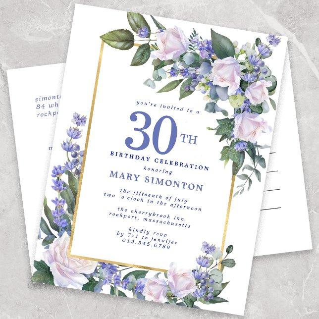 Blue White Gold Floral 30th Birthday Party  Invitation Postcard (Creator Uploaded)