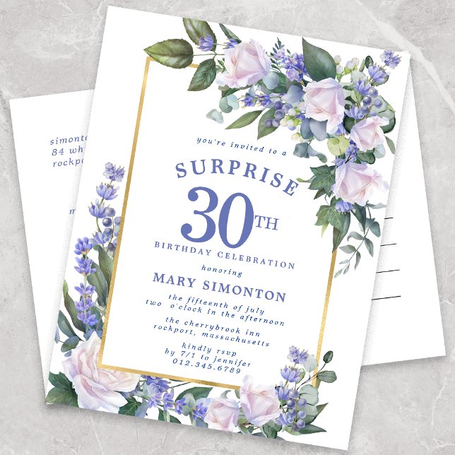 Blue White Gold Floral 30th Surprise Birthday Invitation Postcard (Creator Uploaded)