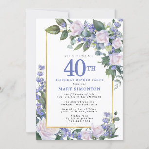 Blue White Gold Floral 40th Birthday Dinner Invitation
