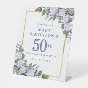 Blue White Gold Floral 50th Birthday Welcome Pedestal Sign