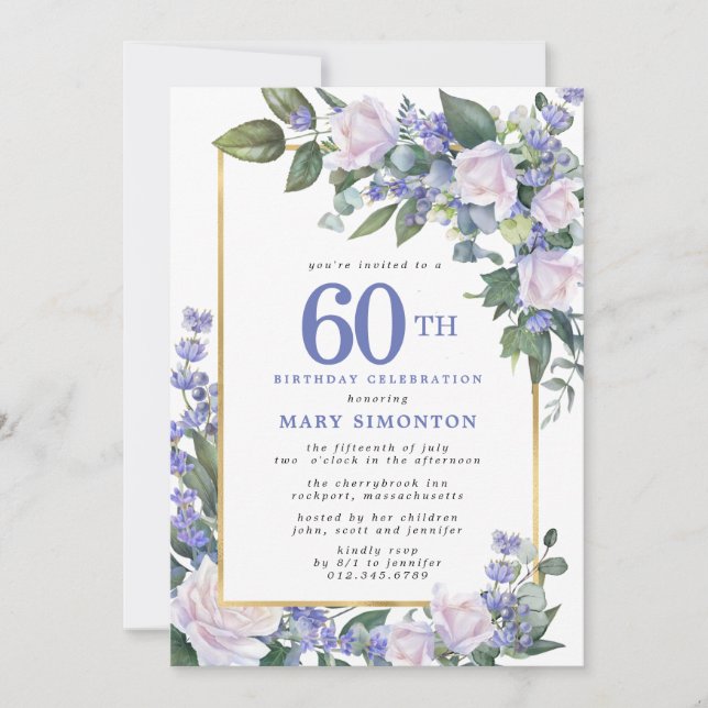 Blue White Gold Floral 60th Birthday Invitation (Front)