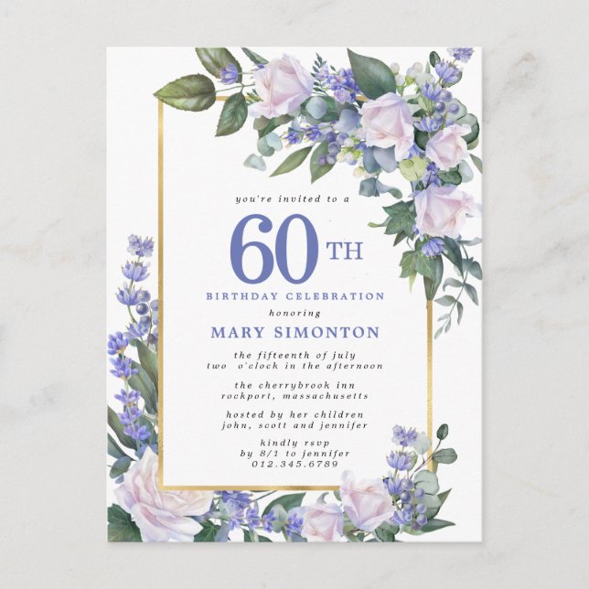 Blue White Gold Floral 60th Birthday Party Invitation Postcard (Front)