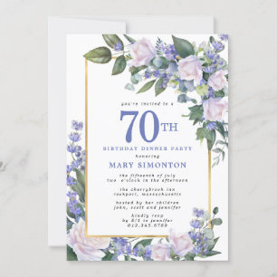 Blue White Gold Floral 70th Birthday Dinner Invitation