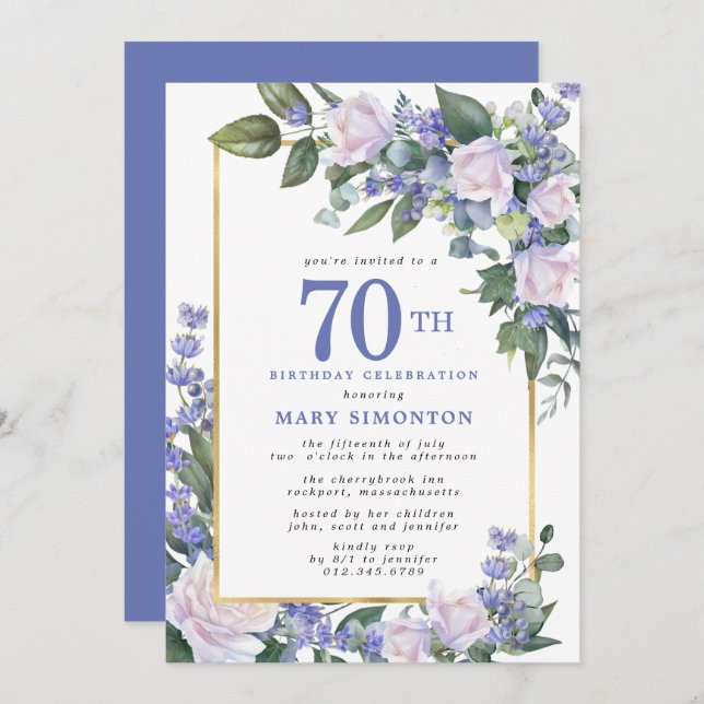 Blue White Gold Floral 70th Birthday Invitation (Front/Back)