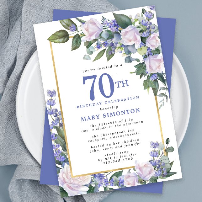 Blue White Gold Floral 70th Birthday Invitation (Creator Uploaded)