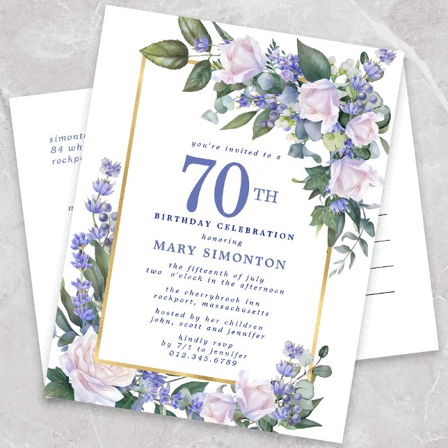 Blue White Gold Floral 70th Birthday Party  Invitation Postcard (Creator Uploaded)