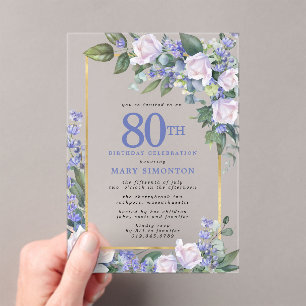 Blue White Gold Floral 80th Birthday Acrylic Invitations