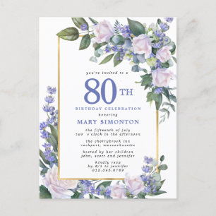 Blue White Gold Floral 80th Birthday Party Invitation Postcard