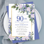 Blue White Gold Floral 90th Birthday Invitation<br><div class="desc">Honour a special woman with this elegant and feminine 90th Birthday party invitation. 90th is written in large blue text. Birthday celebration follows. The honoured guest's name is also in blue capital letters. The remainder of the text is soft dove grey. The birthday celebration details are surrounded by a chic...</div>