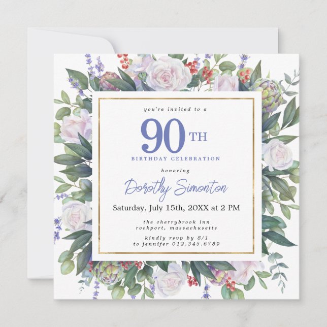Blue White Gold Floral 90th Birthday Square Invitation (Front)