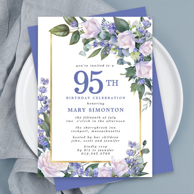 Blue White Gold Floral 95th Birthday Invitation (Creator Uploaded)