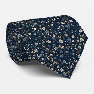 Blue White Gold Floral Botanical Wedding Groom Tie