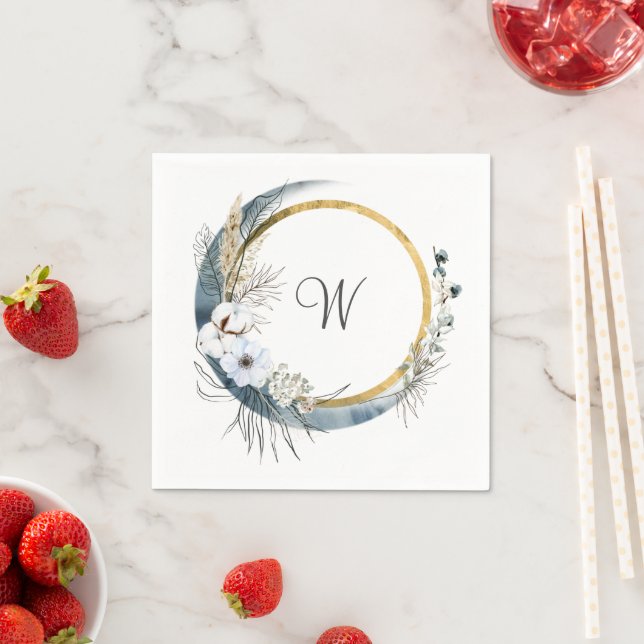 Blue White Gold Floral Monogram Boho Wedding Napkin (Insitu)