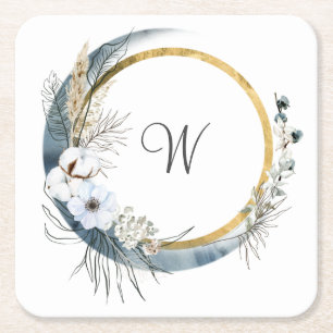Blue White Gold Floral Monogram Boho Wedding Square Paper Coaster