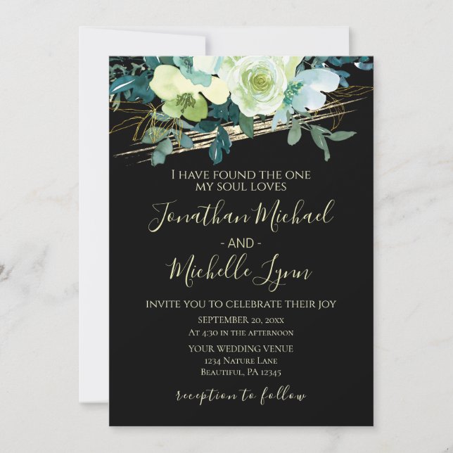 Blue White Gold Floral on Black Christian Wedding Invitation (Front)