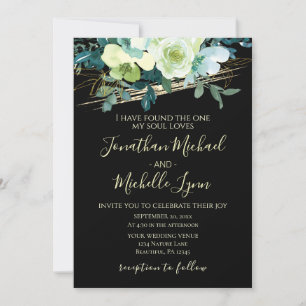 Blue White Gold Floral on Black Christian Wedding Invitation