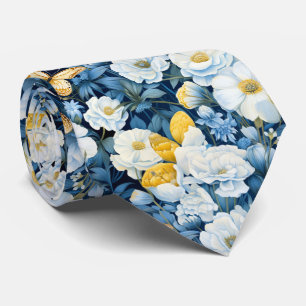 blue white gold  flowers and butterflies tie