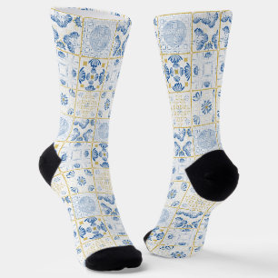 Blue White Gold Geometric Tile Chinoiserie Socks