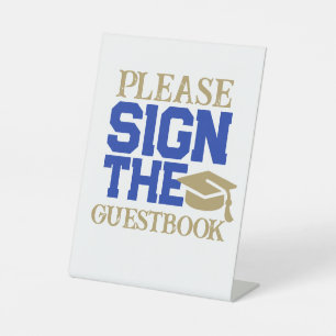Blue, White & Gold Guestbook Graduation Table Pedestal Sign