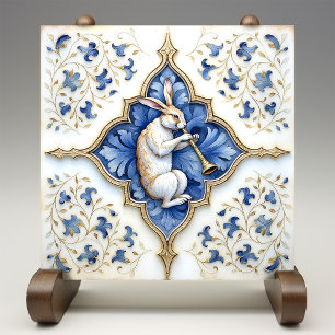 Blue White Gold Hare Mediaeval Scrollwork Ceramic Tile