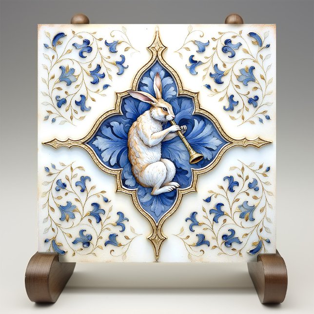 Blue White Gold Hare Mediaeval Scrollwork Ceramic Tile (Creator Uploaded)