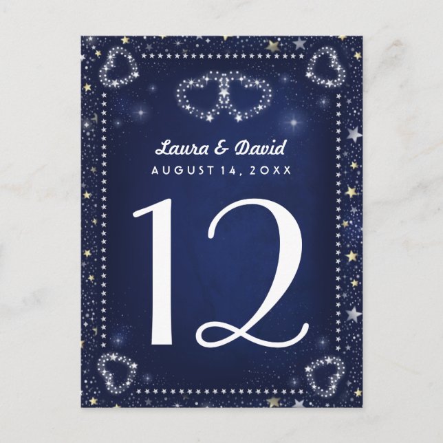 Blue White Gold Hearts & Stars Table Number Cards (Front)