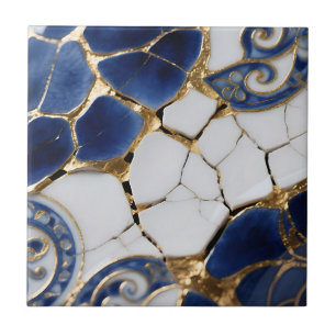 Blue White Gold Kintsugi Porcelain Mosaic Ceramic Tile