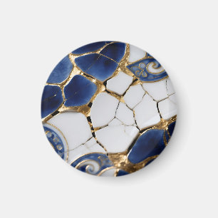 Blue White Gold Kintsugi Porcelain Mosaic Magnet