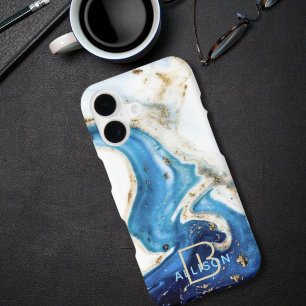 Blue White Gold Marble Abstract Art Monogram