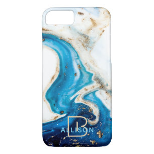 Blue White Gold Marble Abstract Art Monogram iPhone 8/7 Case
