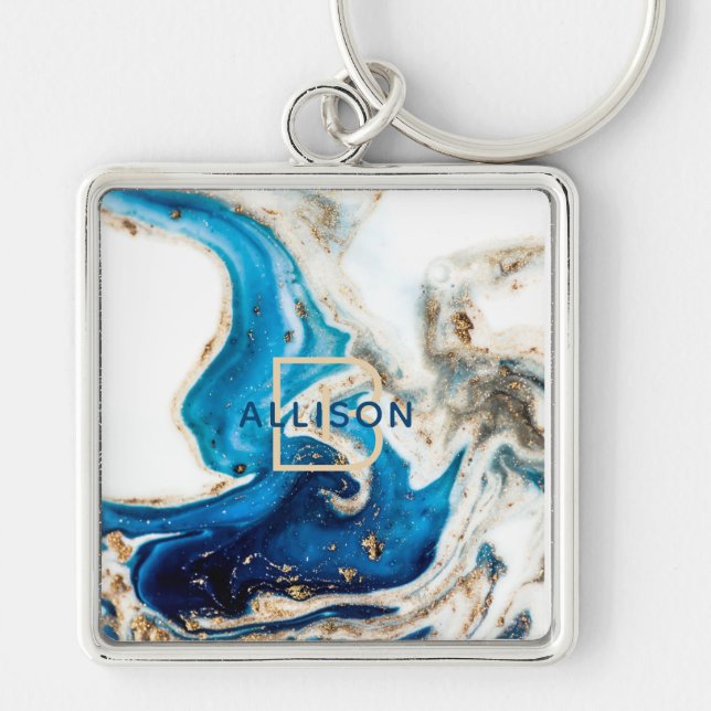 Blue White Gold Marble Abstract Art Monogram Key Ring (Front)