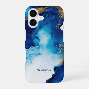 Blue White Gold Marble iPhone 16 Case