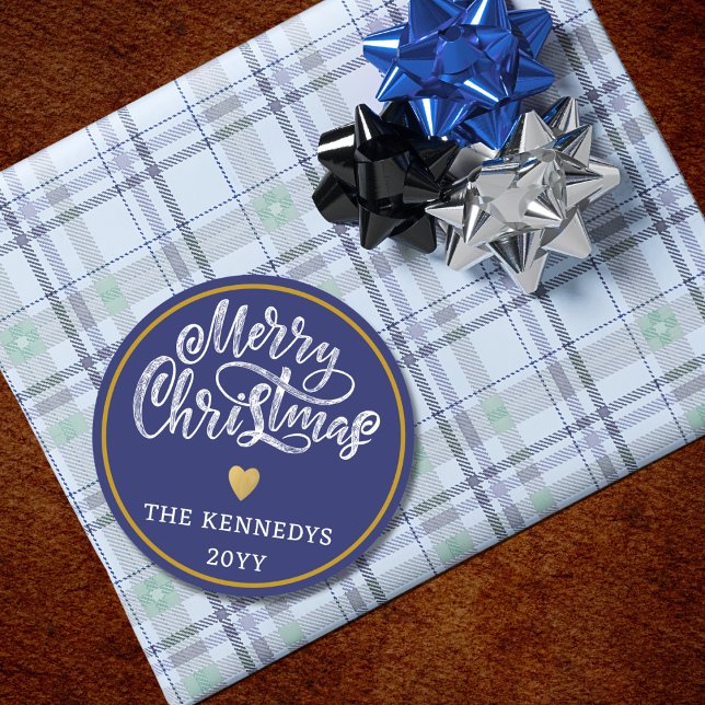 Blue White Gold Merry Christmas Classic Round Sticker (Creator Uploaded)