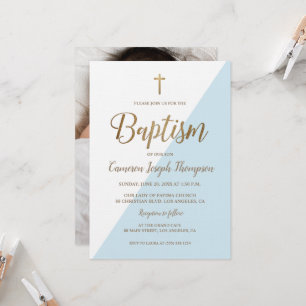 Blue White Gold Modern Baby Boy Photo Baptism Invitation