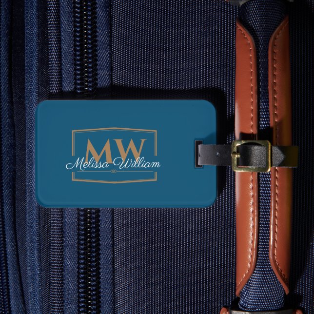 Blue White Gold Monogram Name Luggage Tag (Front Insitu 4)